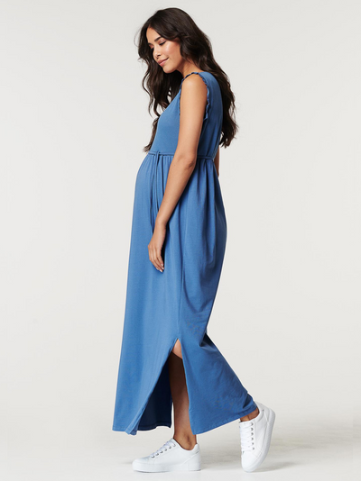 Robe de grossesse fendue en coton biologique Bleue