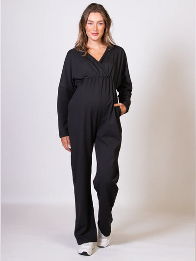 Zwarte zwangerschaps-jumpsuit met lange mouwen