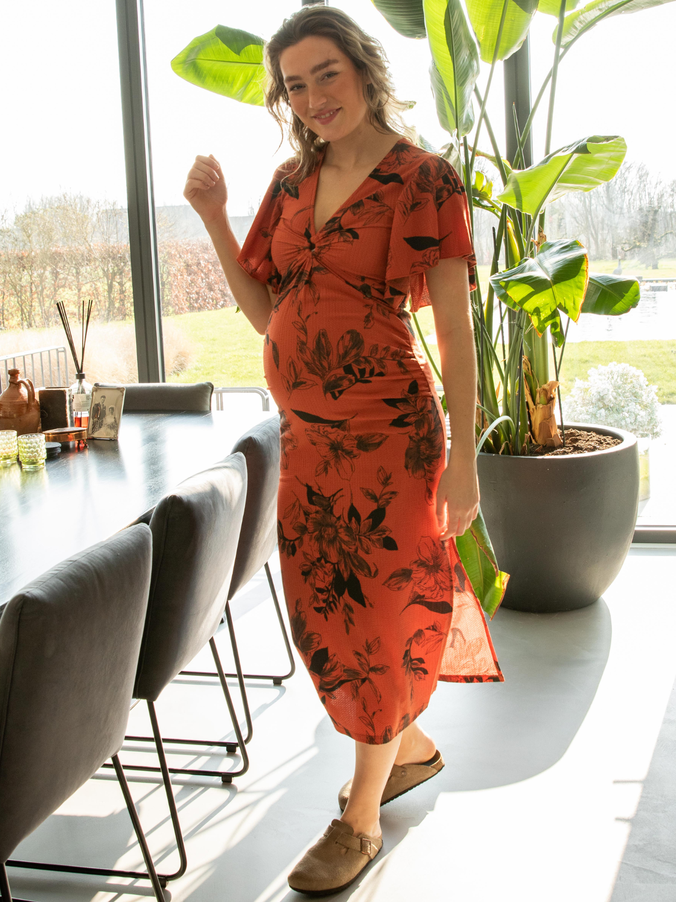 Terracotta tropical print long dress