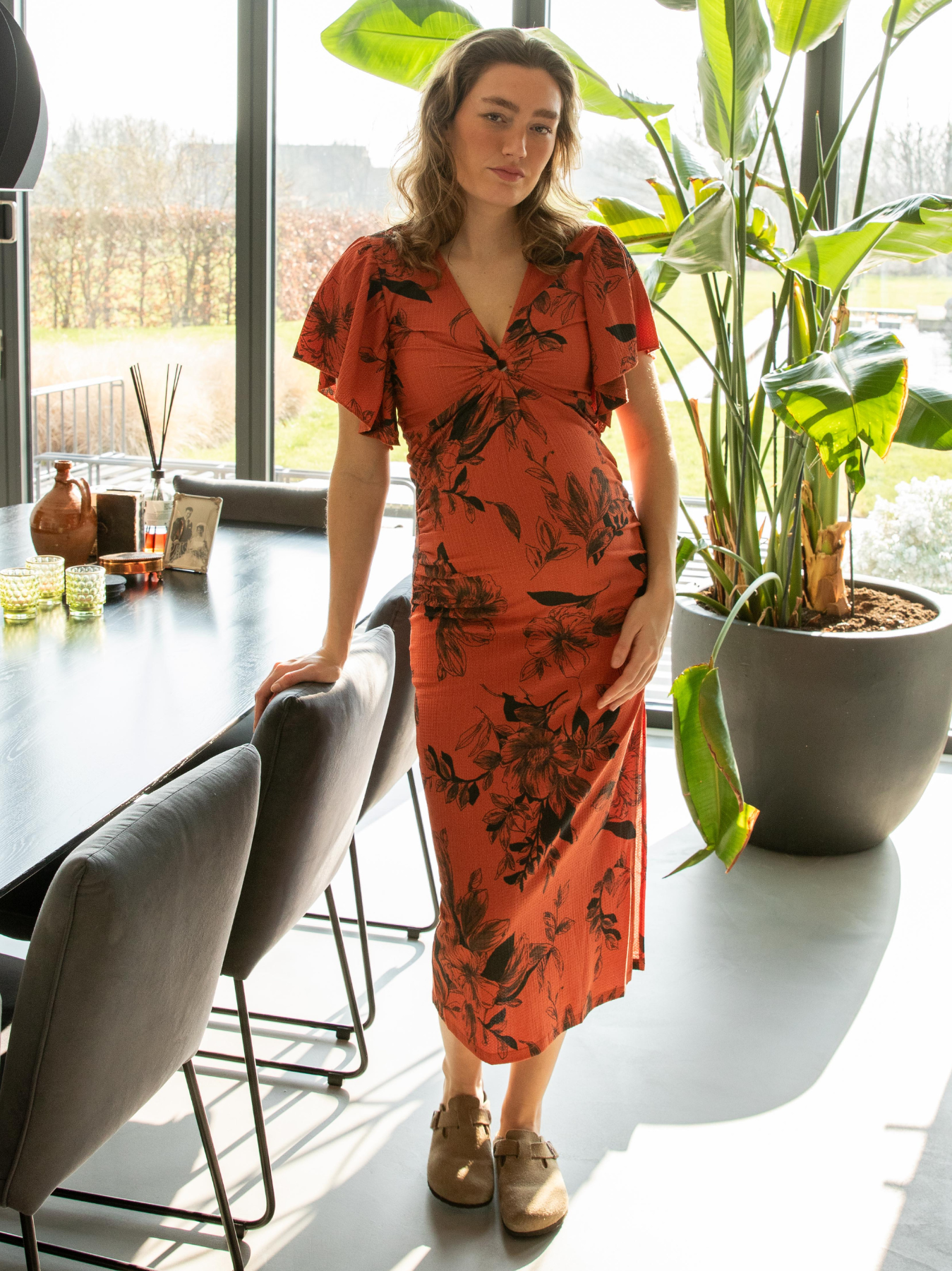Terracotta tropical print long dress