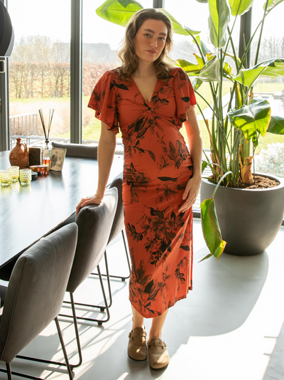 Terracotta tropical print long dress