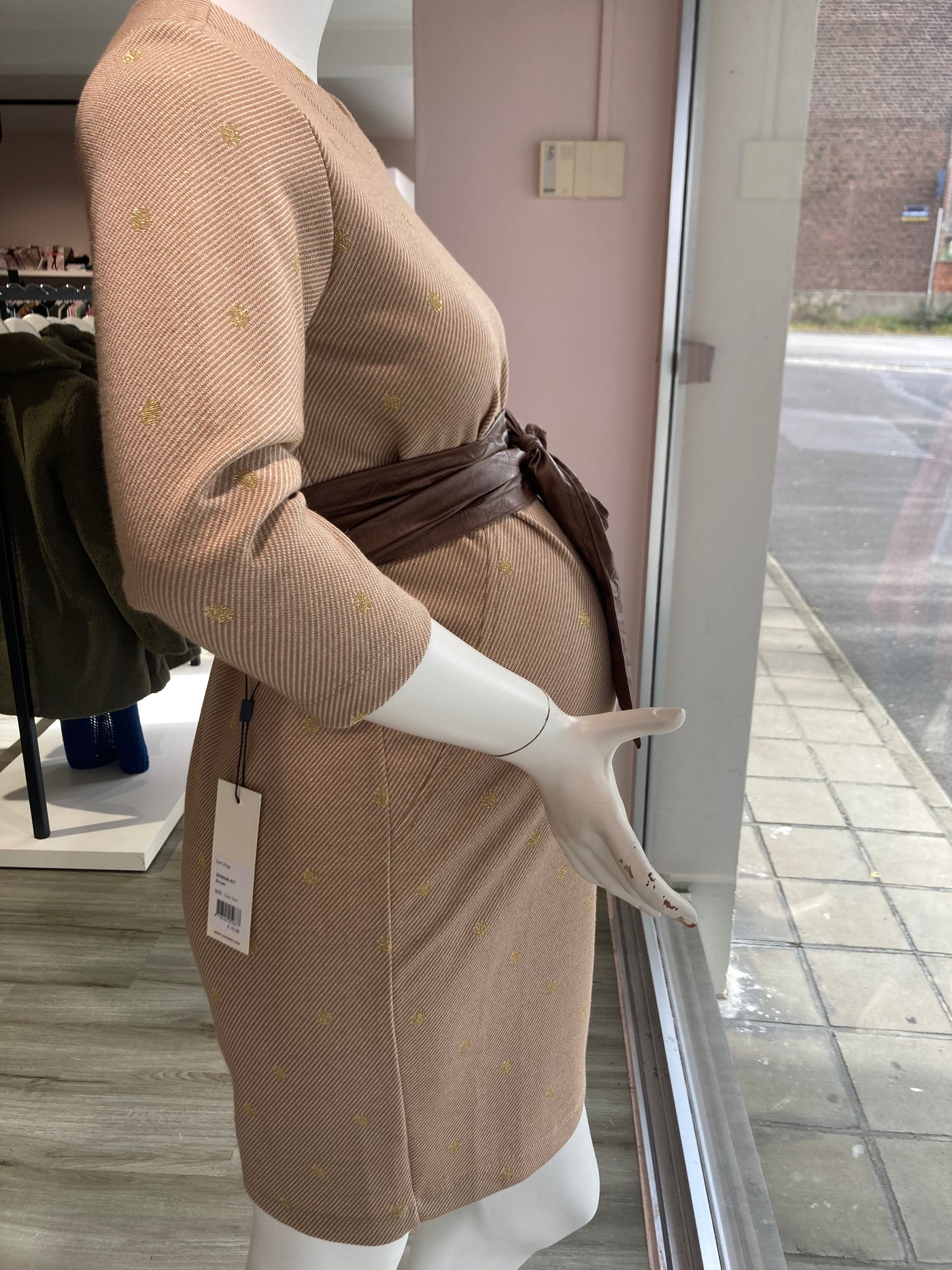 Beige maternity dress with gold polka dots