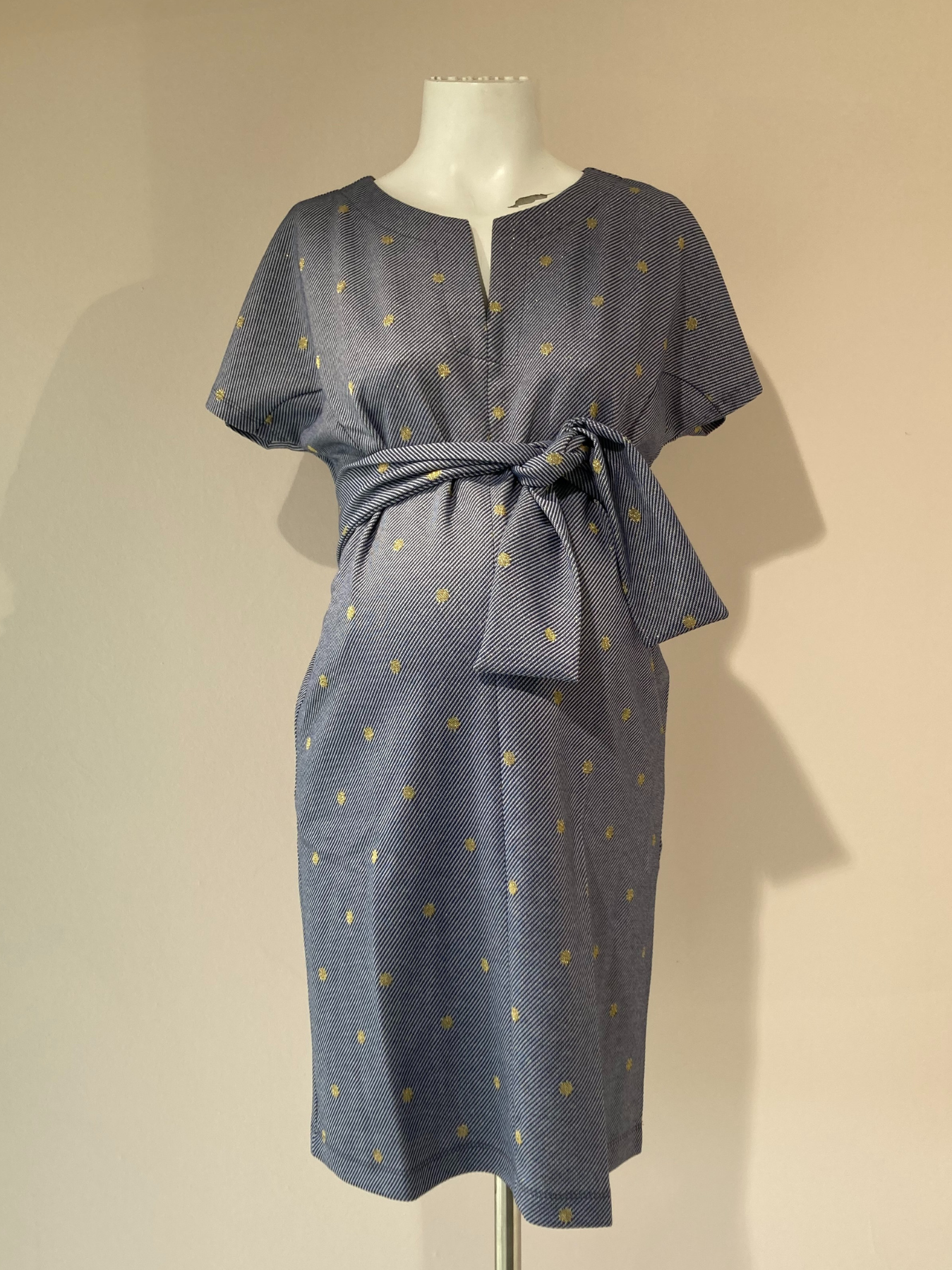 Vintage maternity dress with gold polka dots