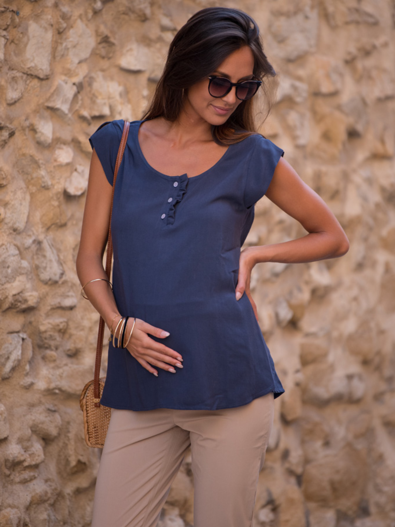 Zwangerschaps- en voedingsblouse met trekkoord met pailletten