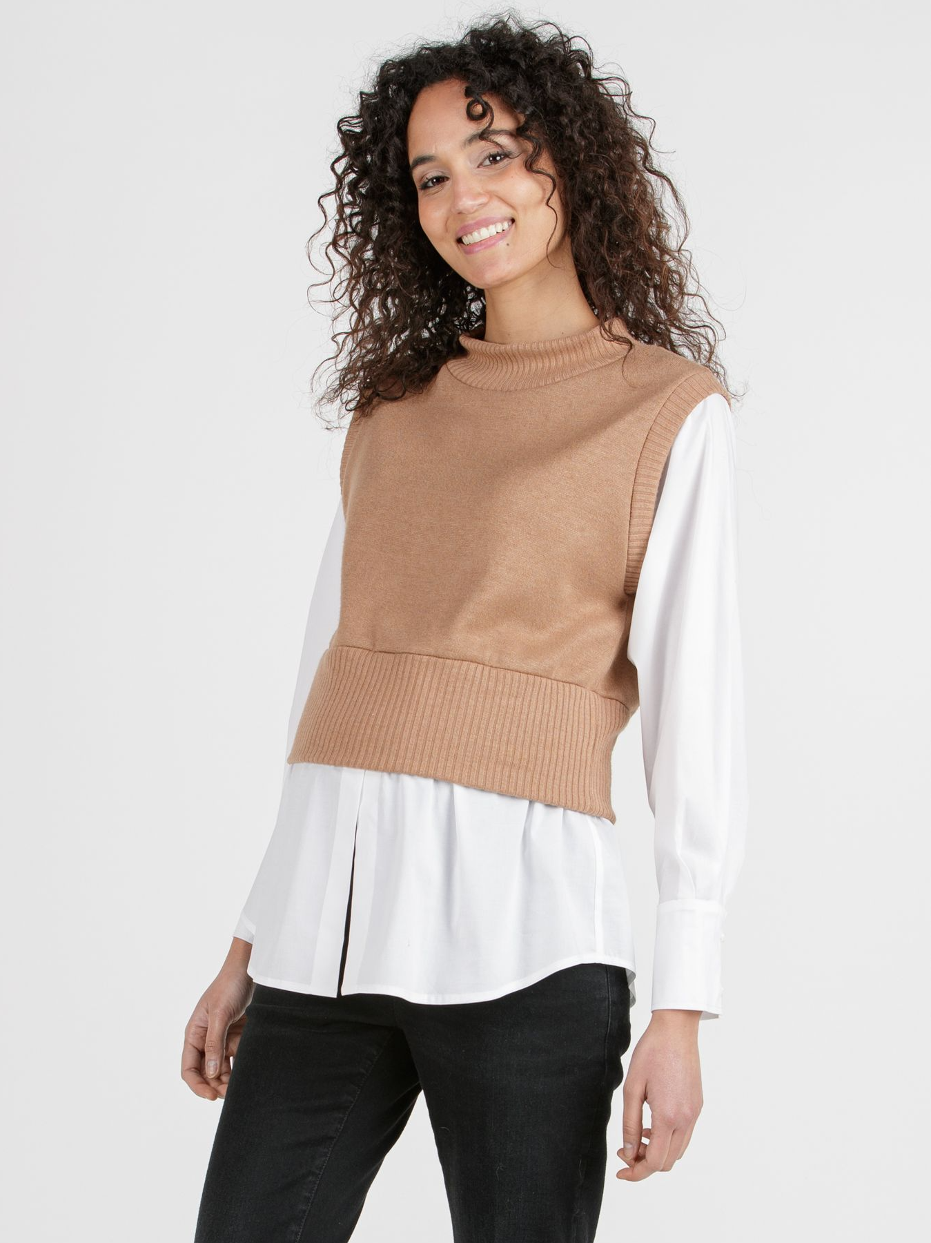 Pull chemise de grossesse Chameau/Blanc