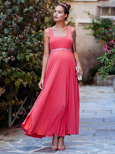 Robe longue de cérémonie plissée Corail