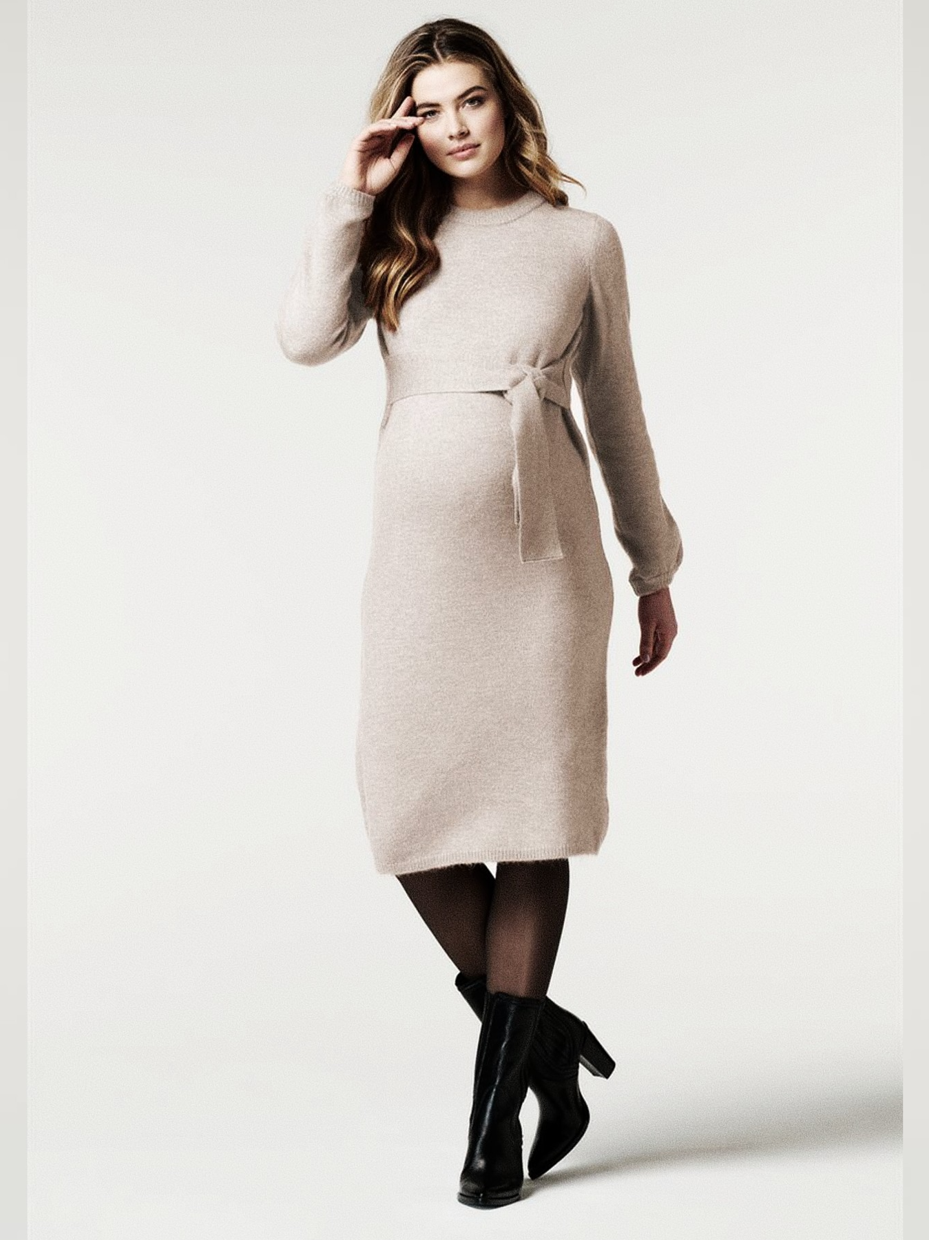 Robe pull de grossesse à nouer beige
