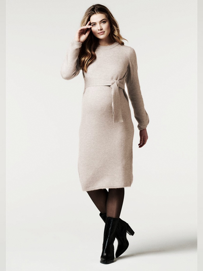 Robe pull de grossesse à nouer beige
