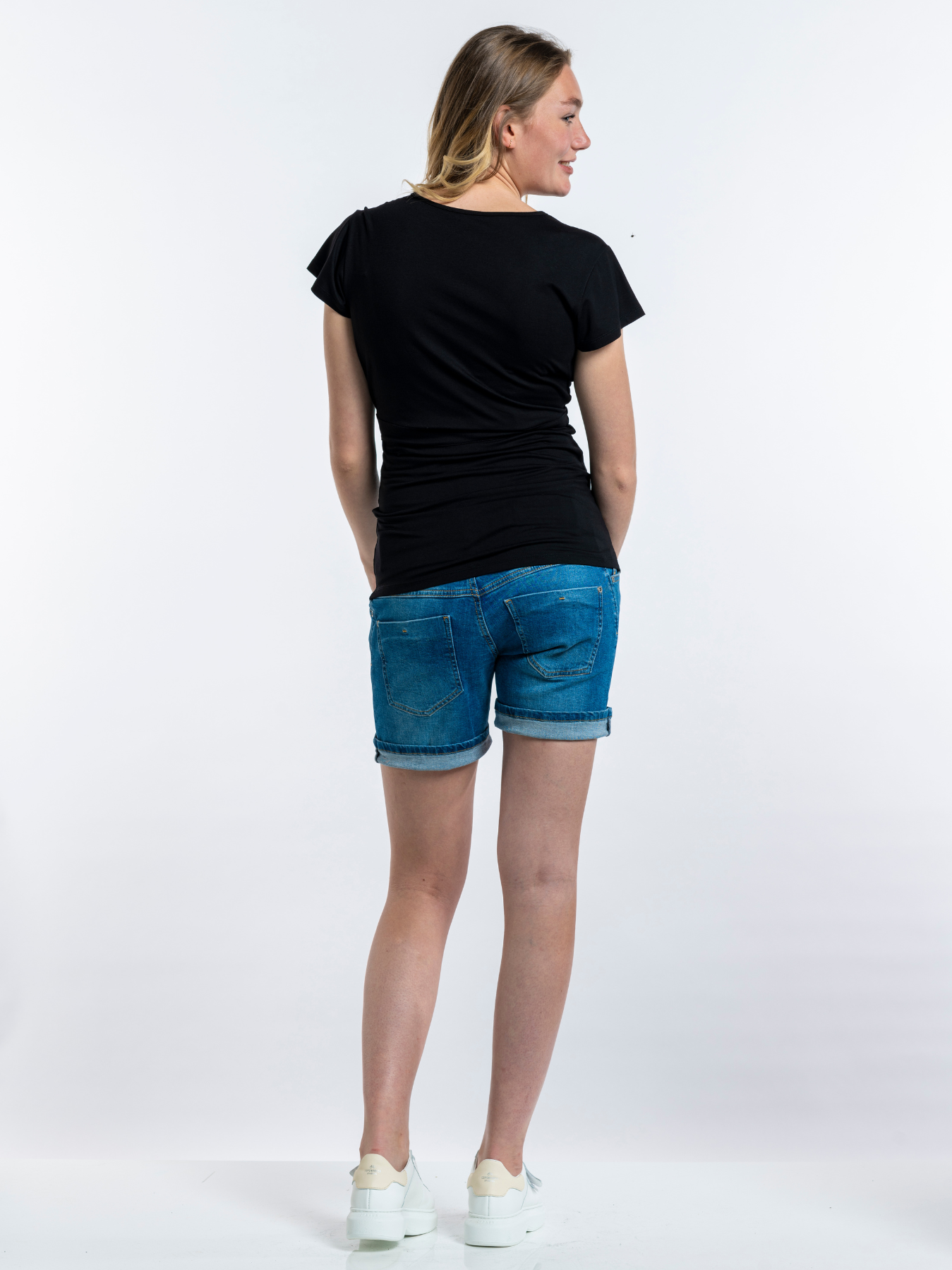 Long blue denim shorts