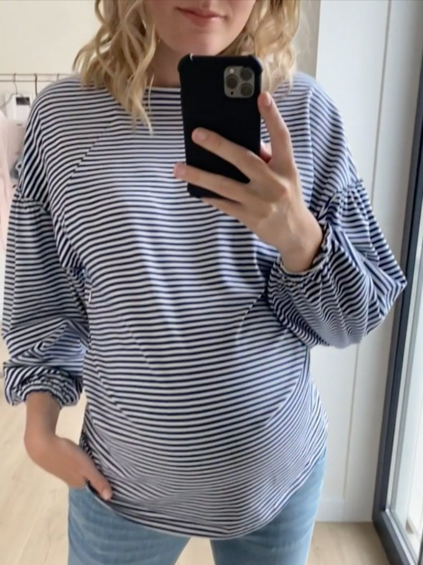 Navy/White Lined Puff Sleeve Sweatshirt